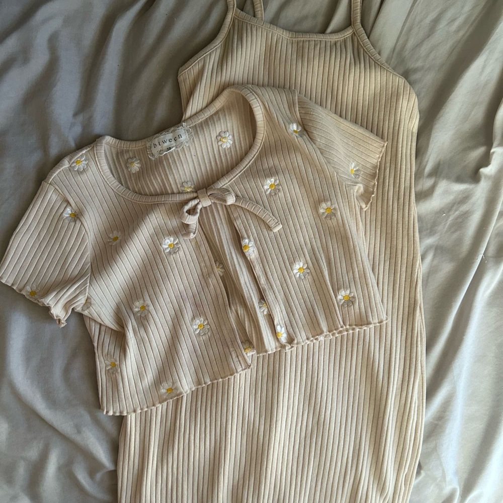 Girls Daisy Beige Ribbed Dress and Cardigan Set